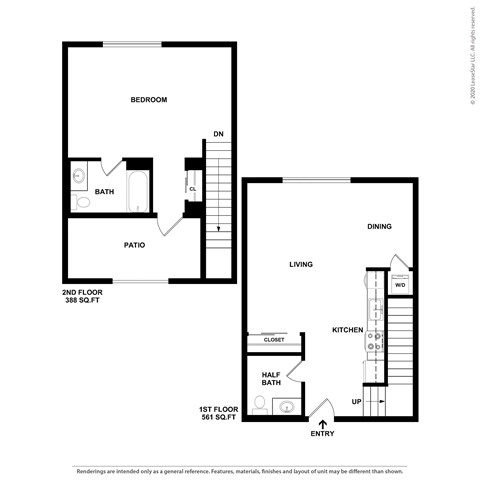 Floor plan for 1 bed, 1.5 baths, 949 sqft