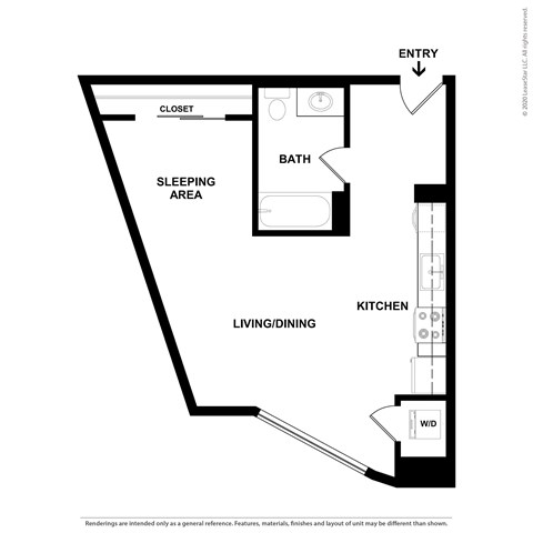 Floor plan for studio, 1 bath