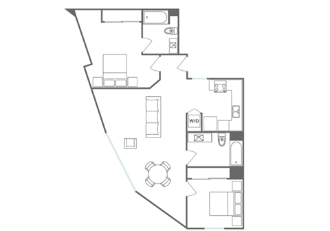 Floor plan for 2 beds, 2 baths, 980 sqft