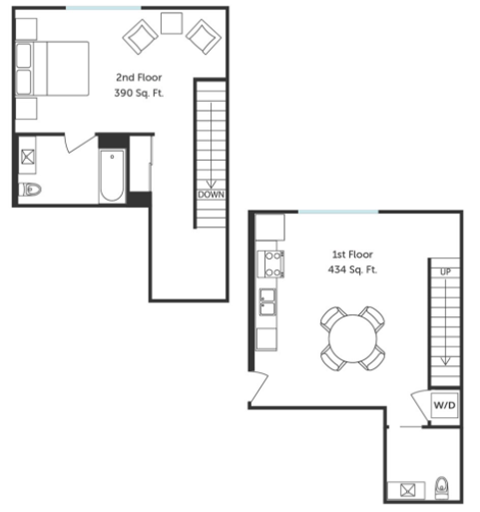 Floor plan for 1 bed, 1.5 baths, 824 sqft
