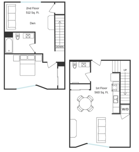 Floor plan for 1 bed, 1.5 baths, 1072 sqft