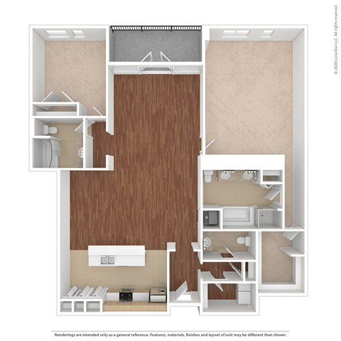 Floor plan for 2 beds, 2.5 baths