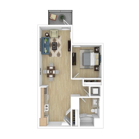 Floor plan for 1 bed, 1 bath, 713 sqft