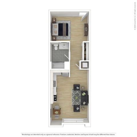 Floor plan for studio, 1 bath, 599 sqft
