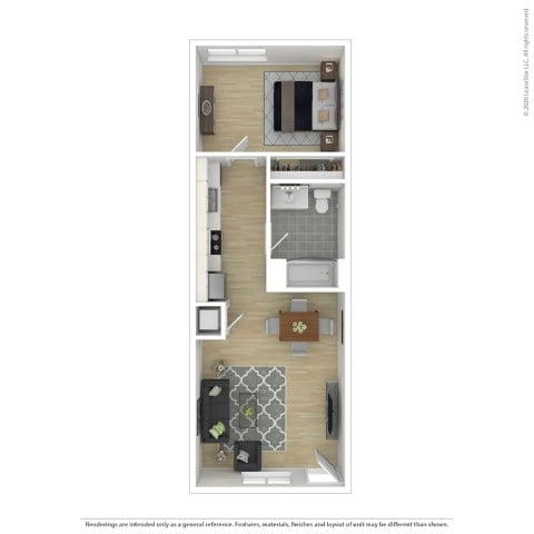 Floor plan for 1 bed, 1 bath, 613 sqft