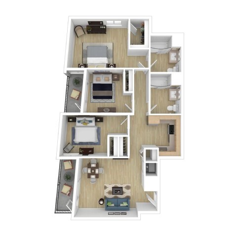 Floor plan for 3 beds, 2 baths