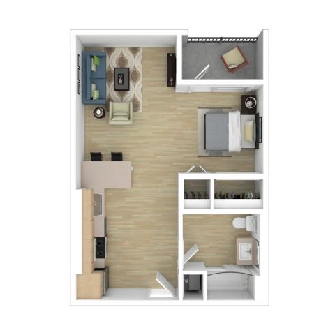 Floor plan for studio, 1 bath, 502 sqft