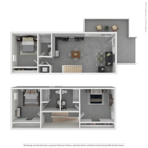 Floor plan for 3 beds, 3 baths, 1400 sqft
