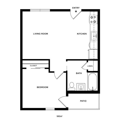 Floor plan for 1 bed, 1 bath, 582 sqft