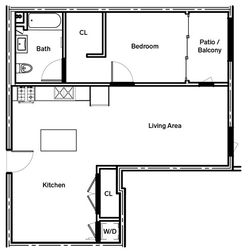 Floor plan for 1 bed, 1 bath