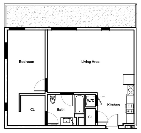 Floor plan for 1 bed, 1 bath, 789 sqft