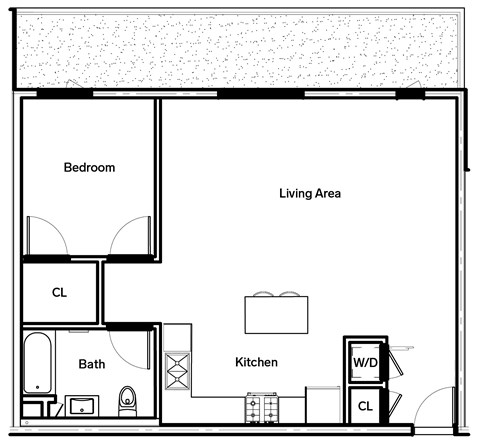 Floor plan for 1 bed, 1 bath, 790 sqft