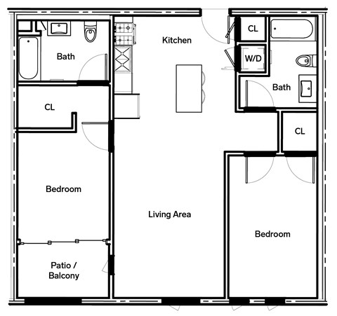 Floor plan for 2 beds, 2 baths, 952 sqft