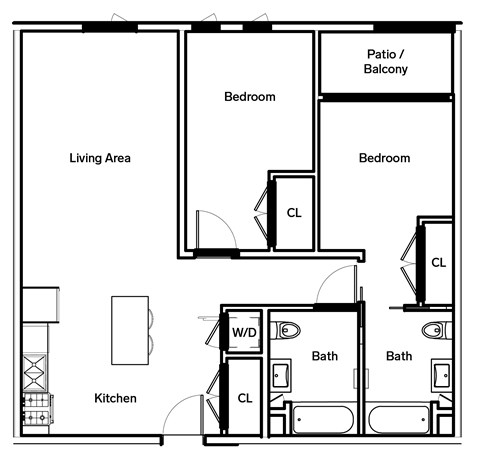 Floor plan for 2 beds, 2 baths, 939 sqft