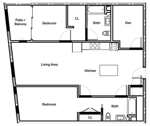 Floor plan for 2 beds, 2 baths, 1100 sqft