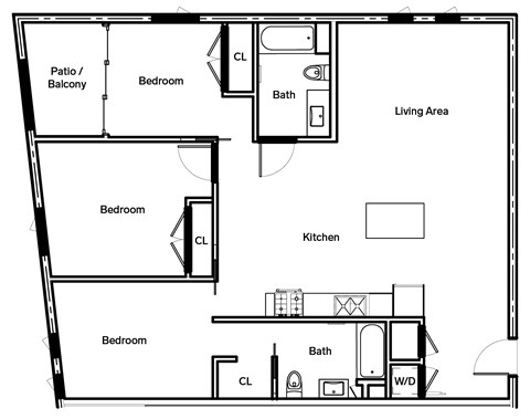 Floor plan for 3 beds, 2 baths, 1230 sqft