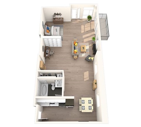 Floor plan for studio, 1 bath, 728 sqft