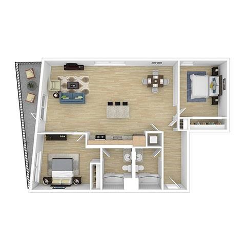 Floor plan for 2 beds, 2 baths, 1280 sqft