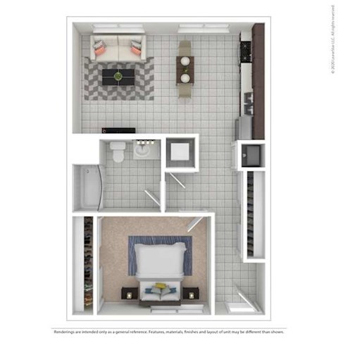 Floor plan for 1 bed, 1 bath, 859 sqft