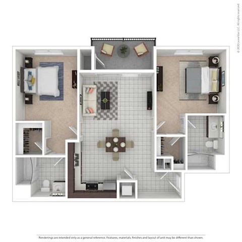 Floor plan for 2 beds, 2 baths, 1028 sqft