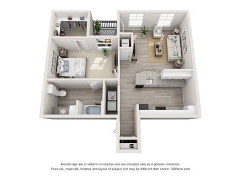 Floor plan for 1 bed, 1 bath, 872 sqft