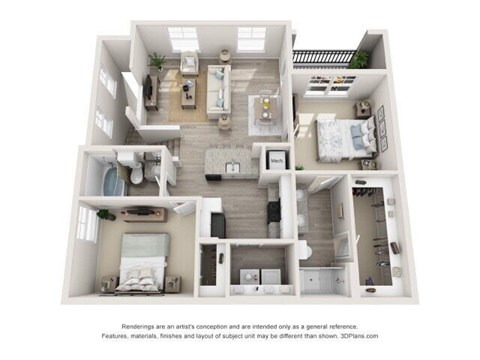 Floor plan for 2 beds, 2 baths, 1086 sqft