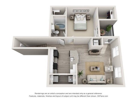 Floor plan for 1 bed, 1 bath, 834 sqft