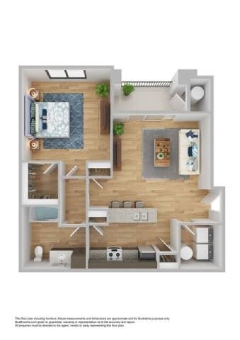Floor plan for 1 bed, 1 bath, 715 sqft