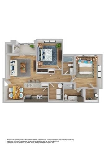 Floor plan for 2 beds, 2 baths, 1087 sqft