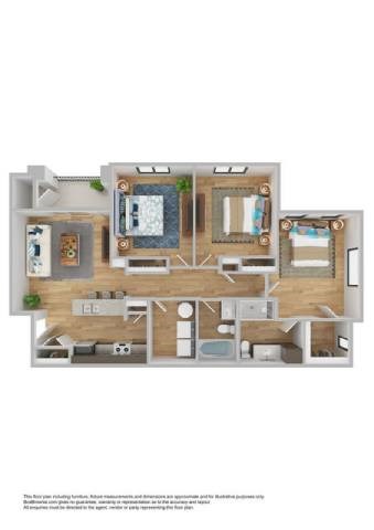 Floor plan for 3 beds, 2 baths, 1275 sqft