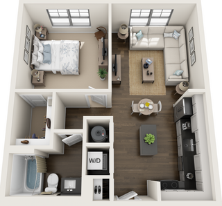 Floor plan for 1 bed, 1 bath, 705 sqft