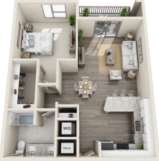 Floor plan for 1 bed, 1 bath, 849 sqft