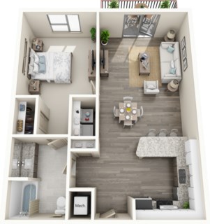 Floor plan for 1 bed, 1 bath, 888 sqft