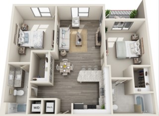 Floor plan for 2 beds, 2 baths, 1083 sqft