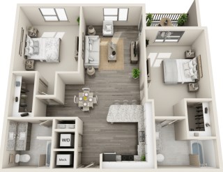Floor plan for 2 beds, 2 baths, 1153 sqft