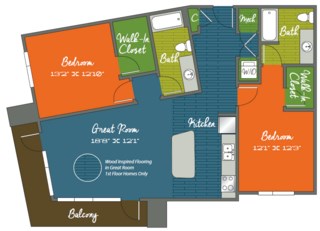 Floor plan for 2 beds, 2 baths, 1202 sqft