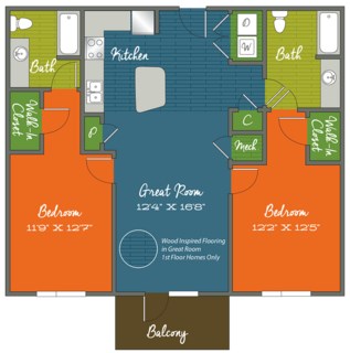 Floor plan for 2 beds, 2 baths, 1212 sqft