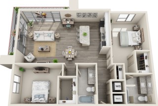 Floor plan for 2 beds, 2 baths, 1293 sqft