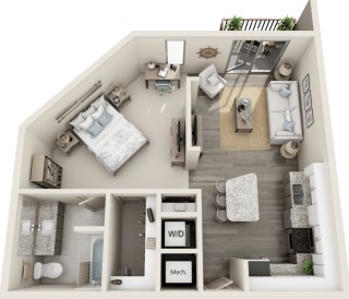 Floor plan for studio, 1 bath, 713 sqft