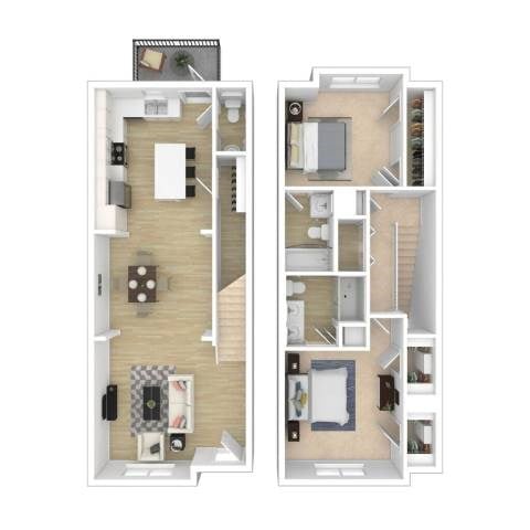 Floor plan for 2 beds, 2.5 baths, 1293 sqft