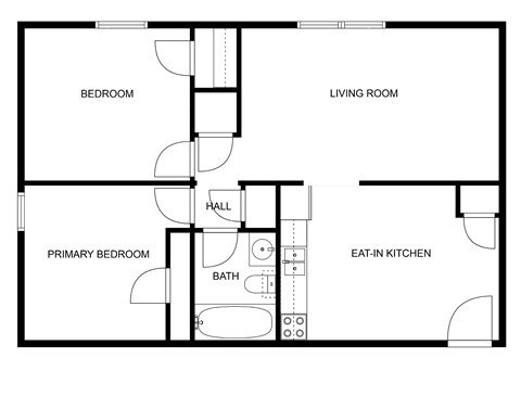 Floor plan for 2 beds, 1 bath