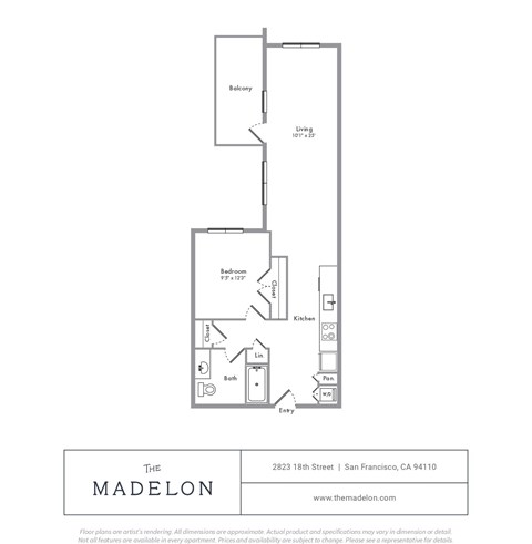 Floor plan for 1 bed, 1 bath, 725 sqft