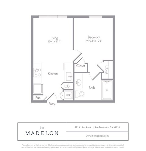 Floor plan for 1 bed, 1 bath, 435 sqft