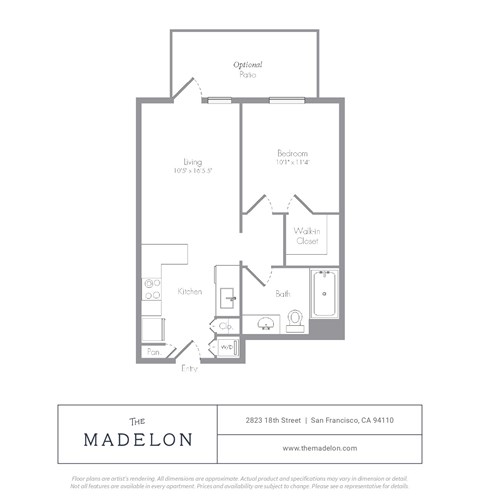 Floor plan for 1 bed, 1 bath, 561 sqft