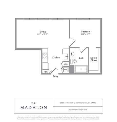 Floor plan for 1 bed, 1 bath, 576 sqft