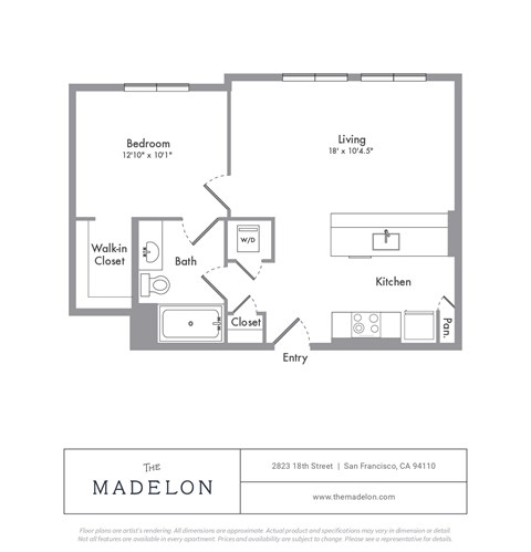 Floor plan for 1 bed, 1 bath, 604 sqft
