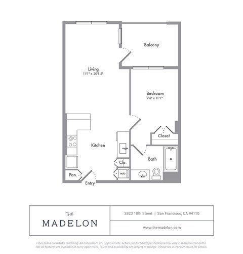 Floor plan for 1 bed, 1 bath, 647 sqft