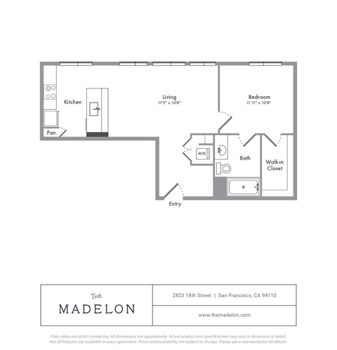 Floor plan for 1 bed, 1 bath, 637 sqft