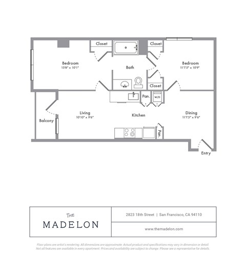 Floor plan for 2 beds, 1 bath, 728 sqft