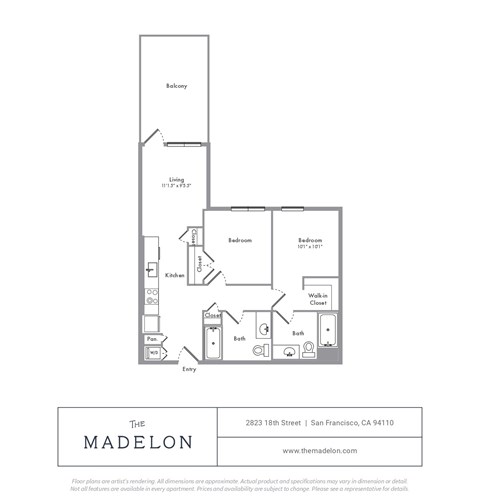 Floor plan for 2 beds, 2 baths, 804 sqft